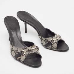 Pre Owned Gucci Black/Grey GG Canvas and Leather Horsebit Slide Sandals Size 37.5