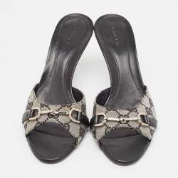 Pre Owned Gucci Black/Grey GG Canvas and Leather Horsebit Slide Sandals Size 37.5