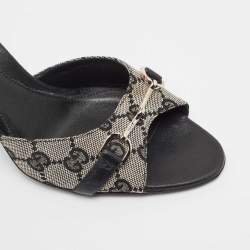 Pre Owned Gucci Black/Grey GG Canvas and Leather Horsebit Slide Sandals Size 37.5
