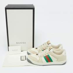 Gucci Beige Leather and Fabric Screener Low Top Sneakers Size 39