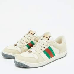 Gucci Beige Leather and Fabric Screener Low Top Sneakers Size 39