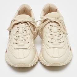 Gucci Cream Leather Rhyton Lace Up Sneakers Size 37.5