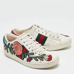 Gucci White Leather Floral Embroidered Ace Sneakers Size 37