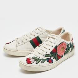 Gucci White Leather Floral Embroidered Ace Sneakers Size 37