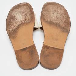 Pre Owned Gucci Cream Leather Horsebit Fringe Detail Flat Slides Size 34