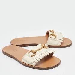 Pre Owned Gucci Cream Leather Horsebit Fringe Detail Flat Slides Size 34