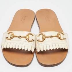 Pre Owned Gucci Cream Leather Horsebit Fringe Detail Flat Slides Size 34