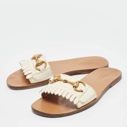 Pre Owned Gucci Cream Leather Horsebit Fringe Detail Flat Slides Size 34