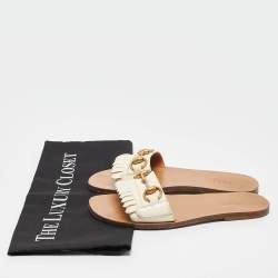 Pre Owned Gucci Cream Leather Horsebit Fringe Detail Flat Slides Size 34