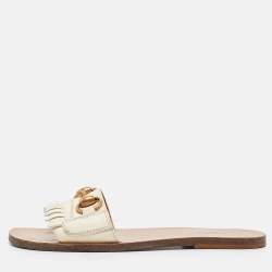 Pre Owned Gucci Cream Leather Horsebit Fringe Detail Flat Slides Size 34