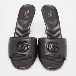 Gucci Black Matelassé Leather GG Marmont Slide Sandals Size 37.5