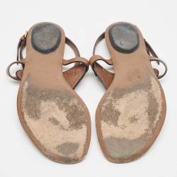 Gucci Black/Brown Patent and Leather Horsebit Thong Flat Sandals Size 38.5