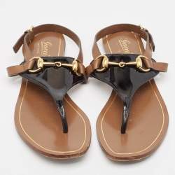 Gucci Black/Brown Patent and Leather Horsebit Thong Flat Sandals Size 38.5