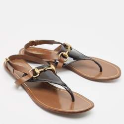 Gucci Black/Brown Patent and Leather Horsebit Thong Flat Sandals Size 38.5