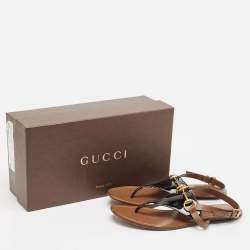 Gucci Black/Brown Patent and Leather Horsebit Thong Flat Sandals Size 38.5