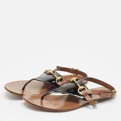 Gucci Black/Brown Patent and Leather Horsebit Thong Flat Sandals Size 38.5