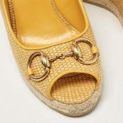 Gucci Yellow Raffia and Leather Charlotte Horsebit Wedge Pumps Size 38