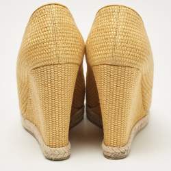 Gucci Yellow Raffia and Leather Charlotte Horsebit Wedge Pumps Size 38