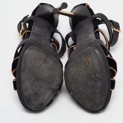 Gucci Black/Gold Leather and Suede Malika Ankle Strap Sandals Size 38