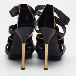 Gucci Black/Gold Leather and Suede Malika Ankle Strap Sandals Size 38