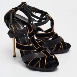 Gucci Black/Gold Leather and Suede Malika Ankle Strap Sandals Size 38