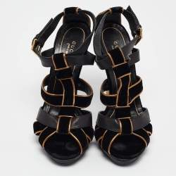 Gucci Black/Gold Leather and Suede Malika Ankle Strap Sandals Size 38