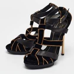 Gucci Black/Gold Leather and Suede Malika Ankle Strap Sandals Size 38