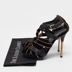 Gucci Black/Gold Leather and Suede Malika Ankle Strap Sandals Size 38