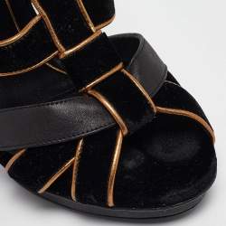 Gucci Black/Gold Leather and Suede Malika Ankle Strap Sandals Size 38