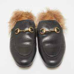مملوكة مسبقًا Gucci Black Fur and Leather Princetown Mules Size 38