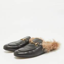 مملوكة مسبقًا Gucci Black Fur and Leather Princetown Mules Size 38