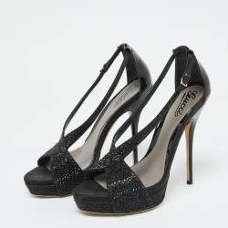 Gucci Black Satin and Patent Leather Crystal Embellished Platform Sandals Size 39