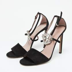 Gucci Black Suede Crystal Embellished GG Interlock Ankle Strap Sandals Size 39