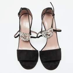 Gucci Black Suede Crystal Embellished GG Interlock Ankle Strap Sandals Size 39