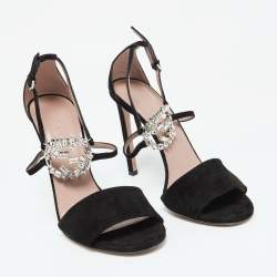 Gucci Black Suede Crystal Embellished GG Interlock Ankle Strap Sandals Size 39