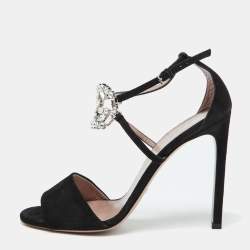 Gucci Black Suede Crystal Embellished GG Interlock Ankle Strap Sandals Size 39