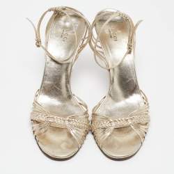 مملوكة مسبقًا Gucci Gold Braided Leather Ankle Strap Sandals Size 42