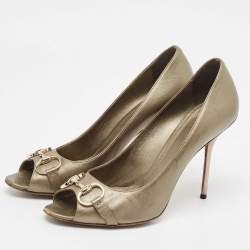 Pre Owned Gucci Metallic Bronze Leather Peep Toe Pumps Size 42