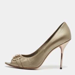 Pre Owned Gucci Metallic Bronze Leather Peep Toe Pumps Size 42