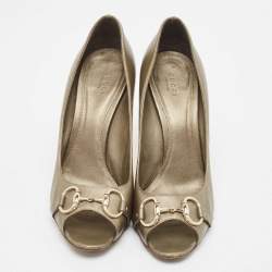 Pre Owned Gucci Metallic Bronze Leather Peep Toe Pumps Size 42
