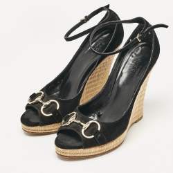 Gucci Black Suede Wedge Pumps Size 38