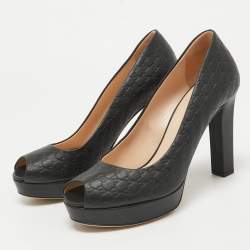 Pre Owned Gucci Black GG Leather Platform Peep Toe Pumps Size 37
