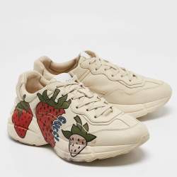 Gucci Cream Leather Strawberry Print Rhyton Sneakers Size 39.5