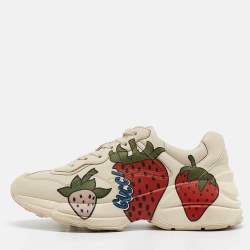 Gucci Cream Leather Strawberry Print Rhyton Sneakers Size 39.5