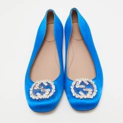 Pre Owned Gucci Blue Satin Crystal Embellished Ballet Flats Size 40