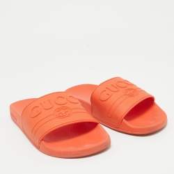 Gucci Orange Rubber Logo Pool Slides Size 38