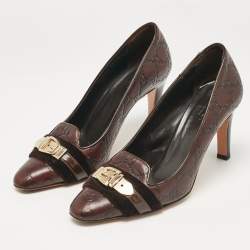 Gucci Dark Brown Guccissima Leather and Velvet Metal Buckle Pumps Size 38