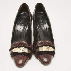 Gucci Dark Brown Guccissima Leather and Velvet Metal Buckle Pumps Size 38