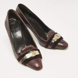Gucci Dark Brown Guccissima Leather and Velvet Metal Buckle Pumps Size 38