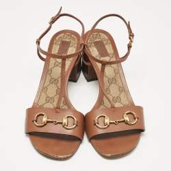 Gucci Brown Leather Horsebit T-Bar Ankle Strap Sandals Size 40